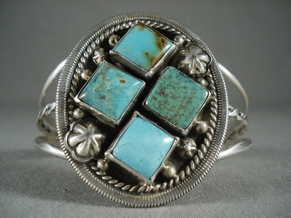 Marvelous Vintage Navajo 'Rhombus Turquoise' Native American Jewelry Silver Bracelet-Nativo Arts