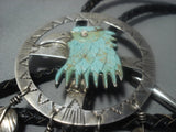 Marvelous Vintage Navajo Turquoise Eagle Hand Carved Sterling Silver Bolo Tie!-Nativo Arts