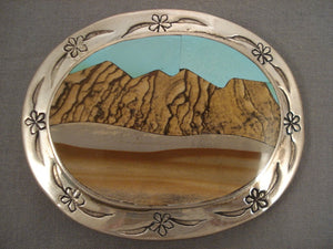 Mind Boggling Vintage Navajo 'Desert Mountain Scene' Turquoise Native American Jewelry Silver Buckle-Nativo Arts