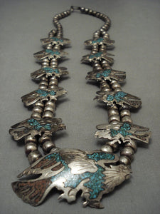 Monumental Huge Vintage Navajo Eagle Turquoise Native American Jewelry Silver Squash Blossom Necklace-Nativo Arts
