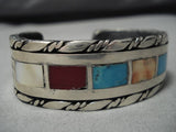Monumental Vintage Native American Navajo Sterling Silver Coral Turquoise Bracelet Old-Nativo Arts