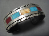 Monumental Vintage Native American Navajo Sterling Silver Coral Turquoise Bracelet Old-Nativo Arts