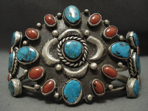 Monumental Vintage Navajo Turquoise Coral Native American Jewelry Silver Bracelet Old-Nativo Arts