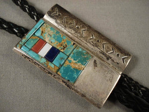 Mosaic Genius Vintage Navajo Green Turquoise Coral Native American Jewelry Silver Bolo Tie Old-Nativo Arts