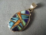 Mosaic Genius Vintage Navajo Native American Jewelry jewelry Solid 14k Gold Lone Mountain Turquoise Pendant-Nativo Arts