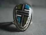 Multi Technique Vintage Navajo Native American Jewelry Silver Channel Turquoise Ring-Nativo Arts