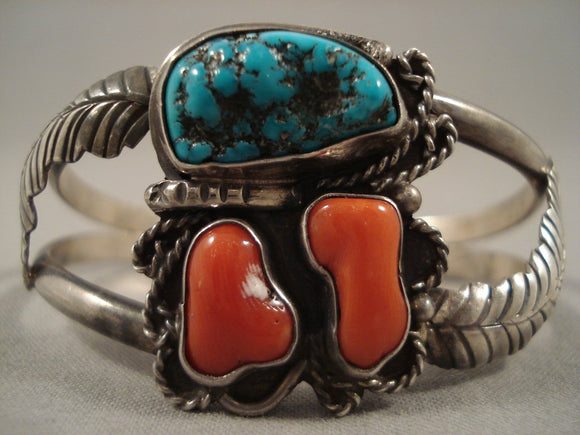 Museum 'Chunks Of Coral' Turquoise Native American Jewelry Silver Leaf Bracelet Old-Nativo Arts