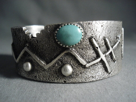 Museum Geometric Petroglyph Sterling Native American Jewelry Silver Domed Turquoise Bracelet-Nativo Arts