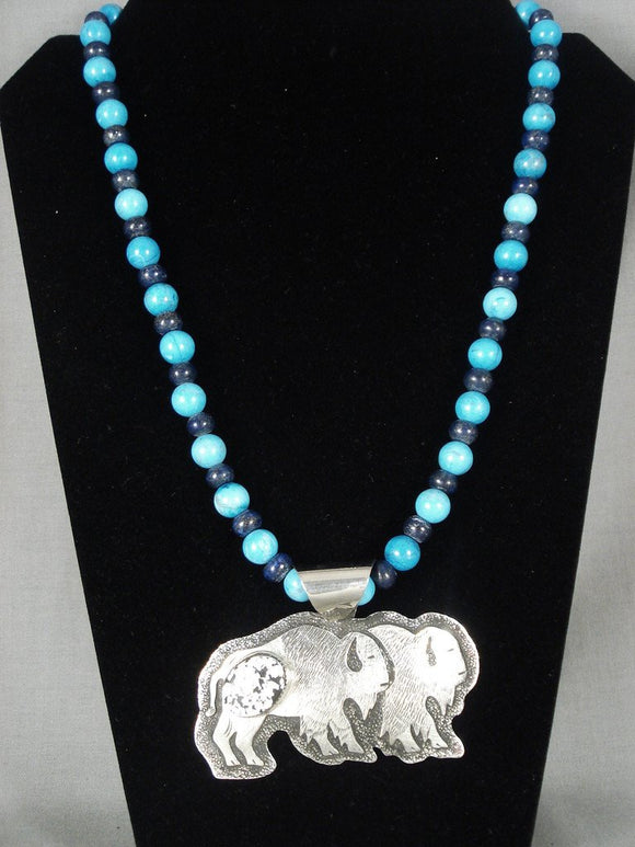 Museum Modernistic Navajo 'Real White Buffalo Turquoise' Native American Jewelry Silver Necklace-Nativo Arts