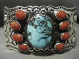 Museum Modernistic Navajo Turquoise Coral Native American Jewelry Silver Repoussed Bracelet-Nativo Arts