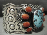 Museum Modernistic Navajo Turquoise Coral Native American Jewelry Silver Repoussed Bracelet-Nativo Arts