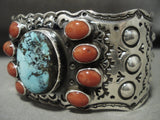 Museum Modernistic Navajo Turquoise Coral Native American Jewelry Silver Repoussed Bracelet-Nativo Arts