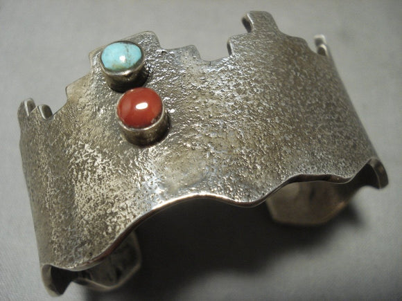 Museum Navajo 'Pueblo And Snake Eye Turquoise Coral' Native American Jewelry Silver Bracelet-Nativo Arts