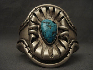 Museum Old Navajo Lone Mountain Turquoise Native American Jewelry Silver Fork Bracelet-Nativo Arts