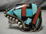 Museum Quality Vintage Native American Navajo Bear Turquoise Inlay Sterling Silver Bracelet Old-Nativo Arts