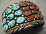 Museum Quality Vintage Navajo Chunk Coral Turquoise Sterling Native American Jewelry Silver Bracelet-Nativo Arts