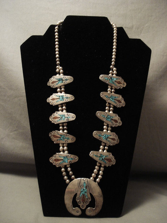 Museum Quality Vintage Navajo Turquoise Coral Native American Jewelry Silver Squash Blossom Necklace Old-Nativo Arts