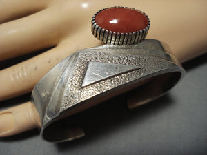 Museum Vintage Native American Jewelry Navajo Domed Coral Sterling Silver Cuff Bracelet-Nativo Arts
