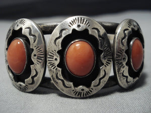 Museum Vintage Native American Jewelry Navajo Domed Coral Thick Sterling Silver Bracelet Old-Nativo Arts