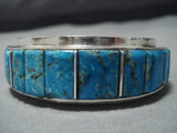 Museum Vintage Native American Jewelry Navajo Squared Turquoise Inlay Sterling Silver Bracelet-Nativo Arts