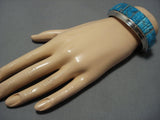 Museum Vintage Native American Jewelry Navajo Squared Turquoise Inlay Sterling Silver Bracelet-Nativo Arts