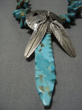 Museum Vintage Native American Jewelry Navajo Sterling Silver Feather Carved Turquoise Necklace Old-Nativo Arts
