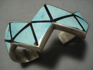 Museum Vintage Native American Navajo Zig Zag Easter Blue Turquoise Sterling Silver Bracelet Old-Nativo Arts