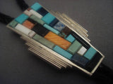Museum Vintage Navajo Bart Gahate Turquoise Mosaic Inlay Native American Jewelry Silver Bolo Tie-Nativo Arts