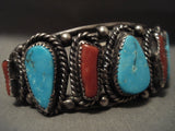 Museum Vintage Navajo Blue Diamond Turquoise Coral Native American Jewelry Silver Bracelet Old-Nativo Arts