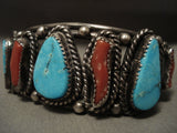 Museum Vintage Navajo Blue Diamond Turquoise Coral Native American Jewelry Silver Bracelet Old-Nativo Arts