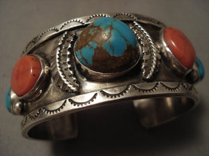 Museum Vintage Navajo 'Bulbous #8 Turquoise' Native American Jewelry Silver Coral Bracelet Old-Nativo Arts