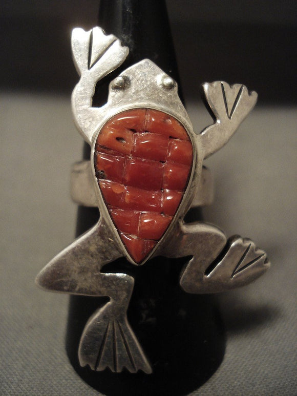 Museum Vintage Navajo 'Climbing Toad' Symbolic Coral Native American Jewelry Silver Ring-Nativo Arts