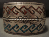 Museum Vintage Navajo 'Coral And Water Wave' Native American Jewelry Silver Bracelet Old-Nativo Arts