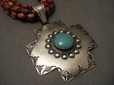 MUSEUM VINTAGE NAVAJO ""CORAL TURQUOISE CROSS"" SILVER NECKLACE OLD-Nativo Arts