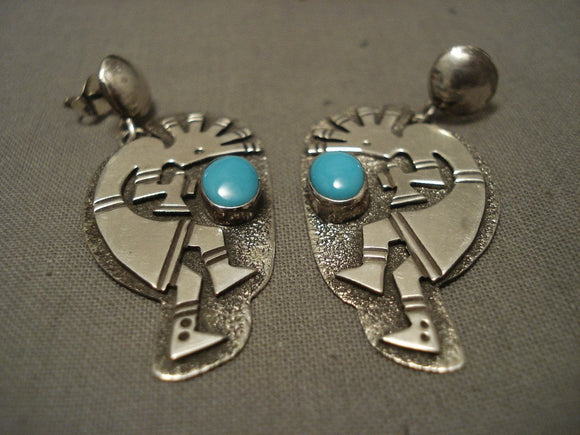 Museum Vintage Navajo Dancing Kokopelli Turquoise Native American Jewelry Silver Earrings-Nativo Arts