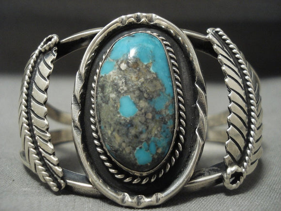 Museum Vintage Navajo 'Domed Persin Turquoise' Native American Jewelry Silver Leaf Bracelet-Nativo Arts