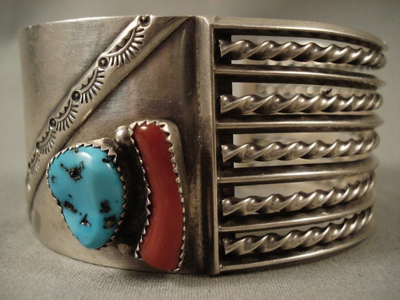 Museum Vintage Navajo half & Half Turquoise Coral Native American Jewelry Silver Bracelet-Nativo Arts