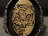Museum Vintage Navajo 'Hand Carved Scrimshaw' Native American Jewelry Silver Bracelet Old-Nativo Arts