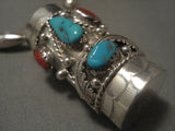 Museum Vintage Navajo 'Handmade Drum' Turquoise Coral Native American Jewelry Silver Chiming Necklace-Nativo Arts