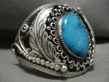 Museum Vintage Navajo 'Huge Blue Diamond Turquoise' Native American Jewelry Silver Leaf Bracelet Old-Nativo Arts
