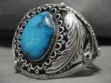 Museum Vintage Navajo 'Huge Blue Diamond Turquoise' Native American Jewelry Silver Leaf Bracelet Old-Nativo Arts