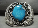 Museum Vintage Navajo 'Huge Blue Diamond Turquoise' Native American Jewelry Silver Leaf Bracelet Old-Nativo Arts