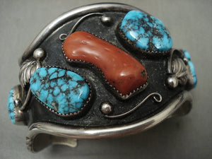 Museum Vintage Navajo 'Huge Coral Chunk' Turquoise Native American Jewelry Silver Bracelet-Nativo Arts