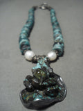 Museum Vintage Navajo 'Huge Hand Carved Toad' Green Turquoise Native American Jewelry Silver Necklace-Nativo Arts