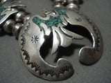 Museum Vintage Navajo Native American Jewelry jewelry 1960's Green Turquoise Silv Er Squqsh Blossom Necklace Old-Nativo Arts