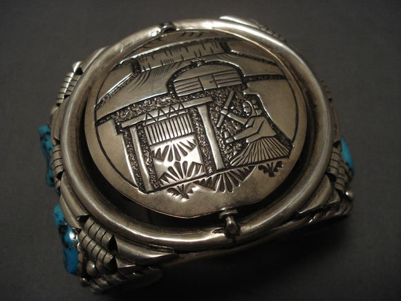 Museum Vintage Navajo Native American Jewelry jewelry Leo Nez revolving Medlallion Turquoise Bracelet-Nativo Arts