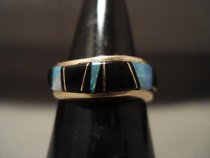 Museum Vintage Navajo Native American Jewelry jewelry Solid 14k Gold Opal And Onyx Ring Old-Nativo Arts