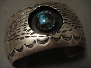 Museum Vintage Navajo 'Natural Domed Bisbee Turquoise' Native American Jewelry Silver Bracelet Old-Nativo Arts