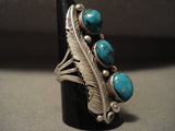 Museum Vintage Navajo Natural Pilot Mntn Turquoise Native American Jewelry Silver Leaf Ring Old-Nativo Arts