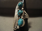 Museum Vintage Navajo Natural Pilot Mntn Turquoise Native American Jewelry Silver Leaf Ring Old-Nativo Arts